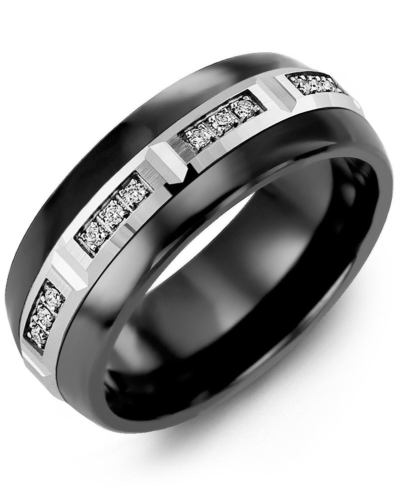 Men's & Women's Black Ceramic Half Round & White Gold + 12 Diamonds 0.12ct Wedding Band