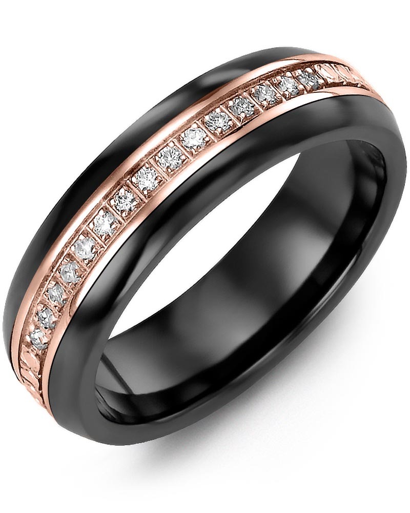 Men's & Women's Black Ceramic Half Round & Rose Gold + 15 Diamonds 0.15ct Wedding Band from MADANI Rings. Wedding bands, fashion rings, promise rings, made of Tungsten, Ceramic, Cobalt, and Gold. View the collection at madanirings.com