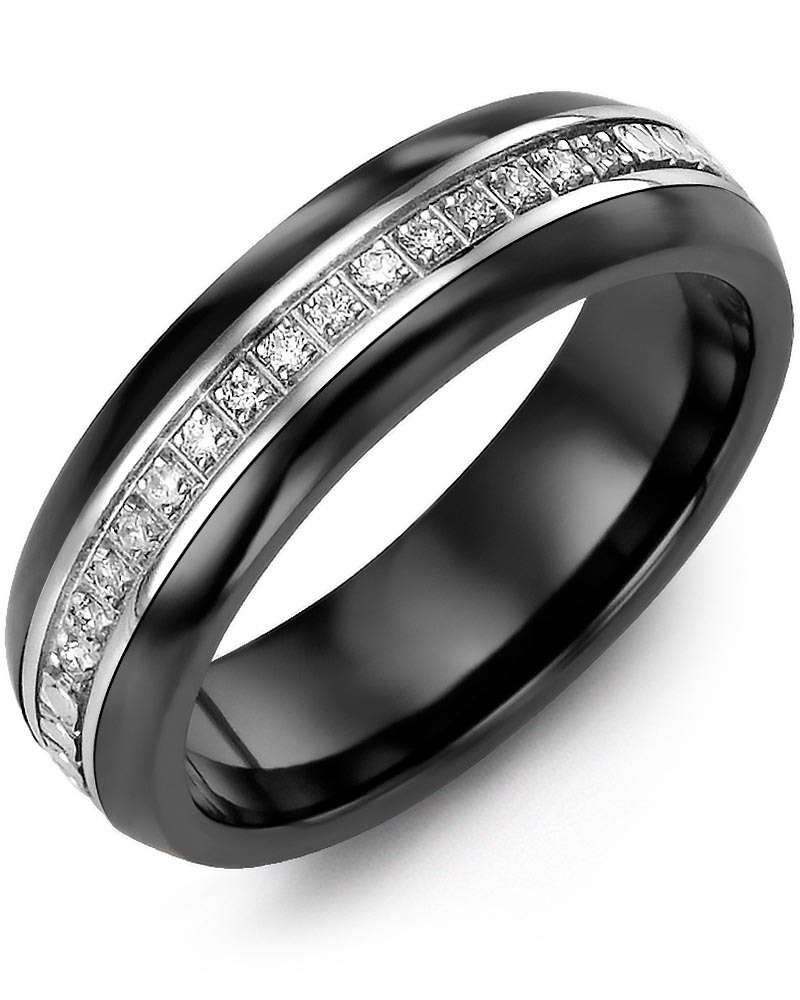 Men's & Women's Black Ceramic Half Round & White Gold + 15 Diamonds 0.15ct Wedding Band