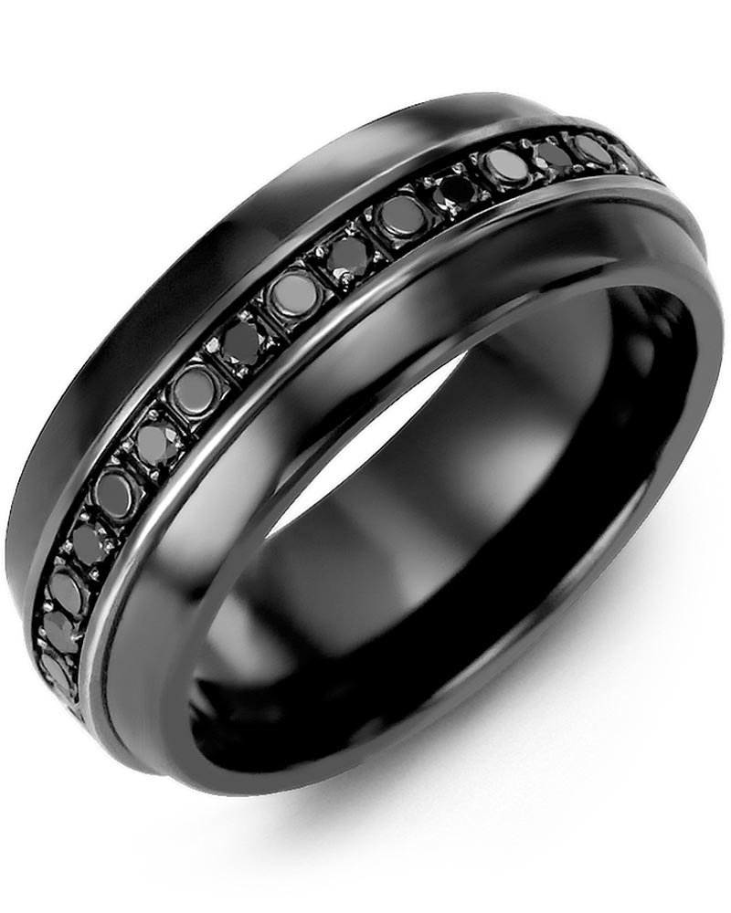 Men's & Women's Black Ceramic Half Round & Black Gold + 18 Black Diamonds 0.36ct Wedding Band from MADANI Rings. Wedding bands, fashion rings, promise rings, made of Tungsten, Ceramic, Cobalt, and Gold. View the collection at madanirings.com