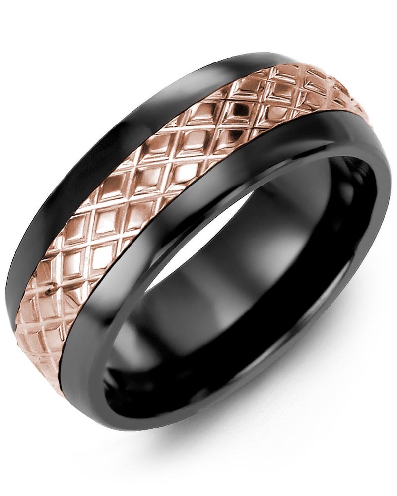 Men's & Women's Black Ceramic Half Round & Rose Gold Wedding Band