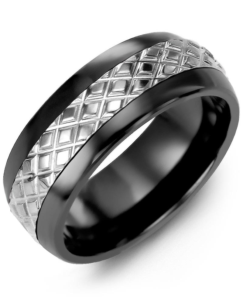 Men's & Women's Black Ceramic Half Round & White Gold Wedding Band