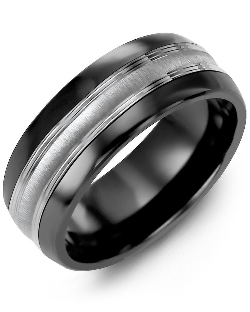 Men's & Women's Black Ceramic Half Round & White Gold Wedding Band