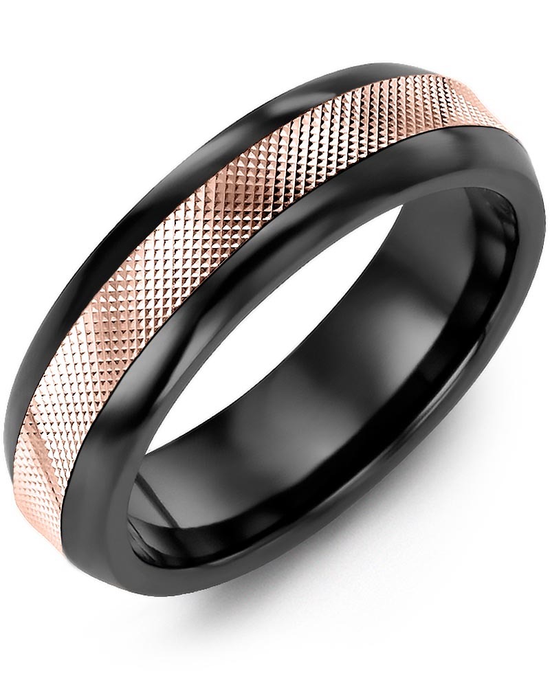Men's & Women's Black Ceramic Half Round & Rose Gold Wedding Band