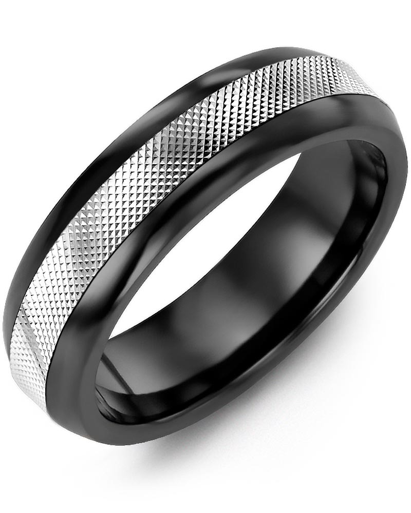Men's & Women's Black Ceramic Half Round & White Gold Wedding Band