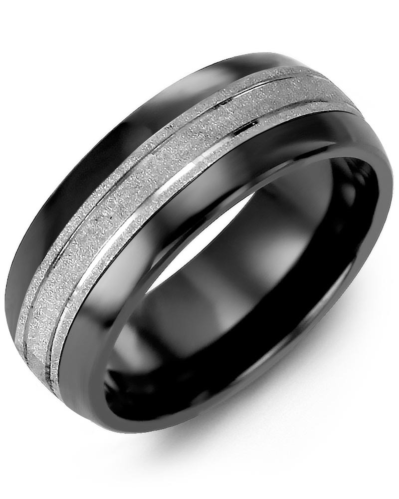 Men's & Women's Black Ceramic Half Round & White Gold Wedding Band