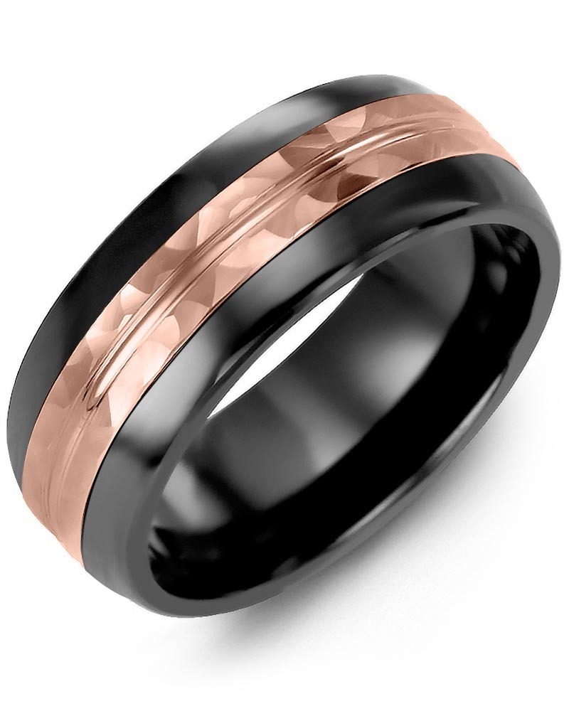 Men's & Women's Black Ceramic Half Round & Rose Gold Wedding Band