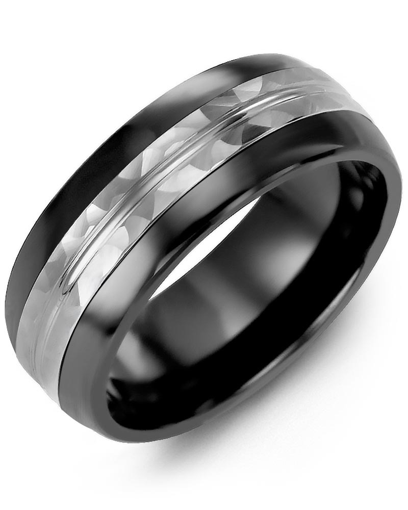 Men's & Women's Black Ceramic Half Round & White Gold Wedding Band