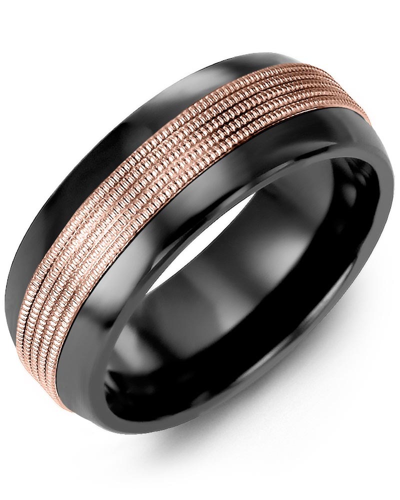 Men's & Women's Black Ceramic Half Round & Rose Gold Wedding Band from MADANI Rings. Wedding bands, fashion rings, promise rings, made of Tungsten, Ceramic, Cobalt, and Gold. View the collection at madanirings.com