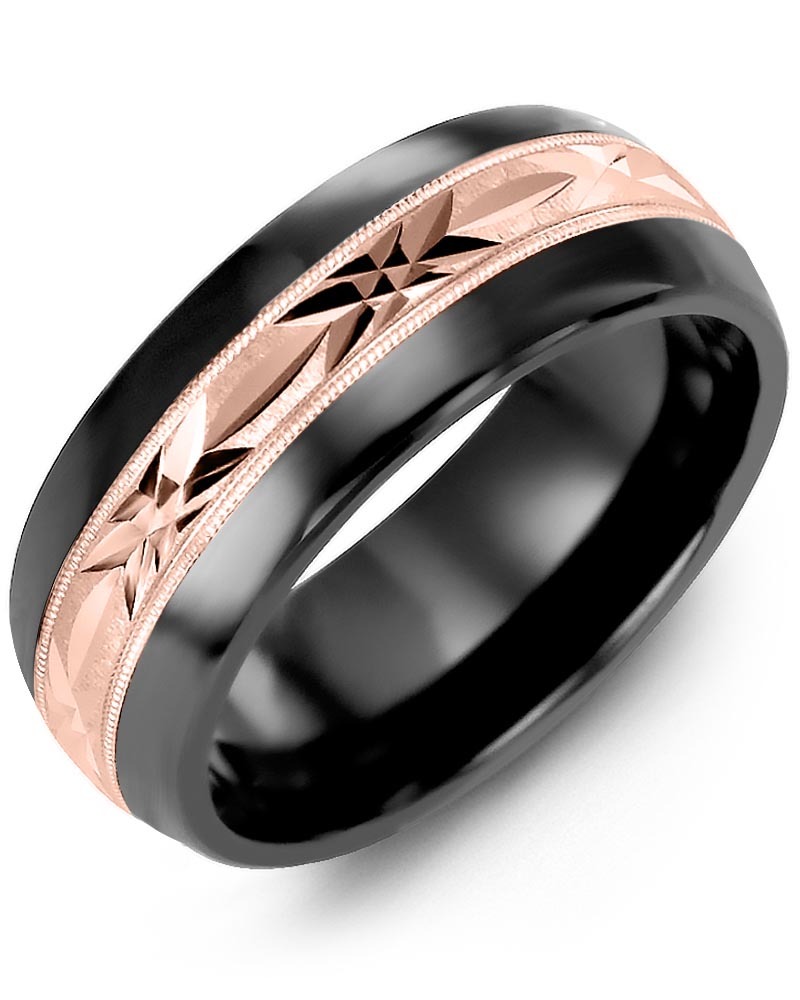 Men's & Women's Black Ceramic Half Round & Rose Gold Wedding Band