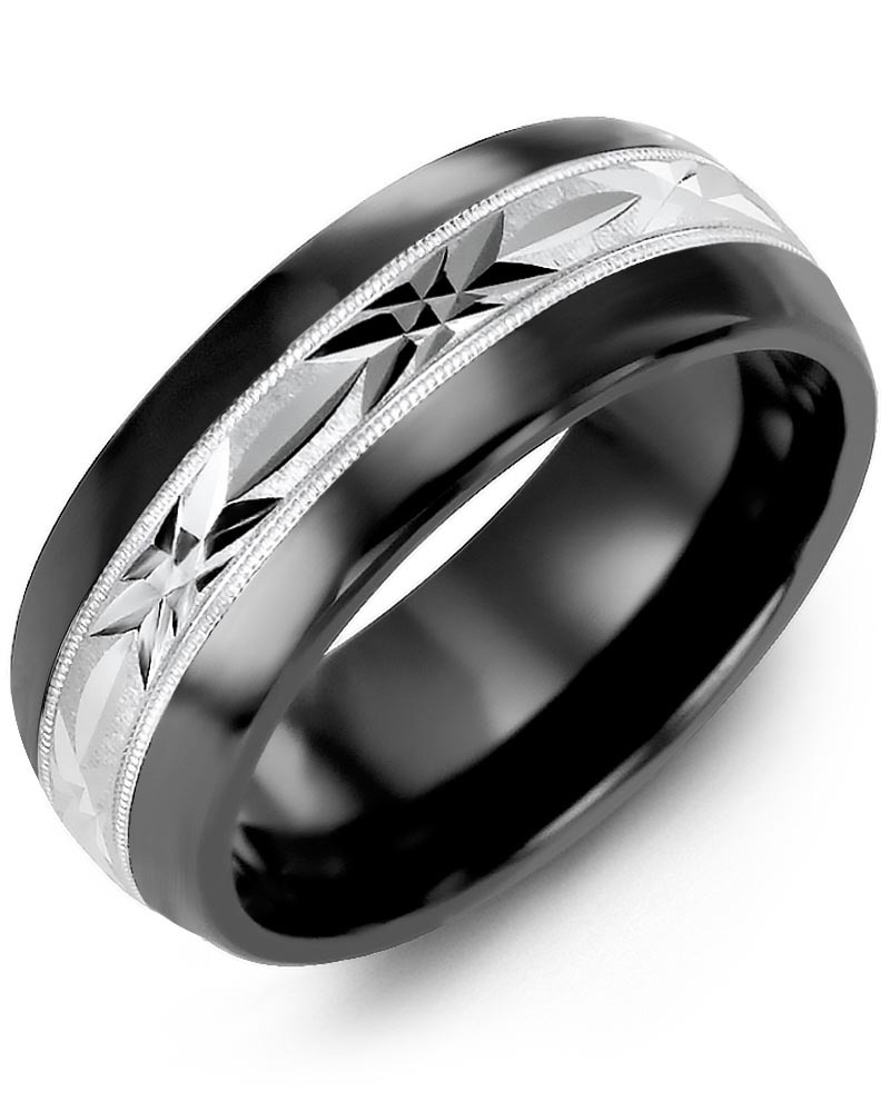 Men's & Women's Black Ceramic Half Round & White Gold Wedding Band
