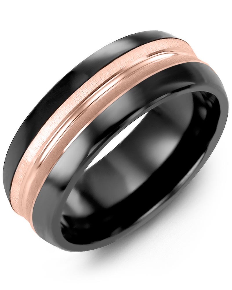 Men's & Women's Black Ceramic Half Round & Rose Gold Wedding Band