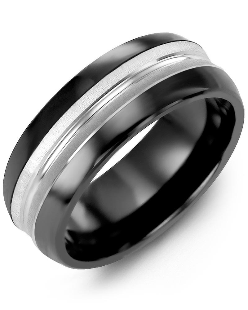 Men's & Women's Black Ceramic Half Round & White Gold Wedding Band from MADANI Rings. Wedding bands, fashion rings, promise rings, made of Tungsten, Ceramic, Cobalt, and Gold. View the collection at madanirings.com