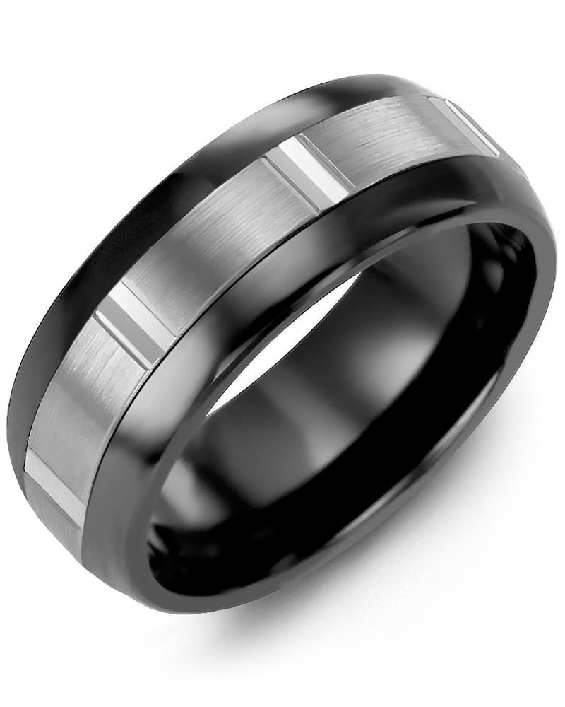 Men's & Women's Black Ceramic Half Round & White Gold Wedding Band