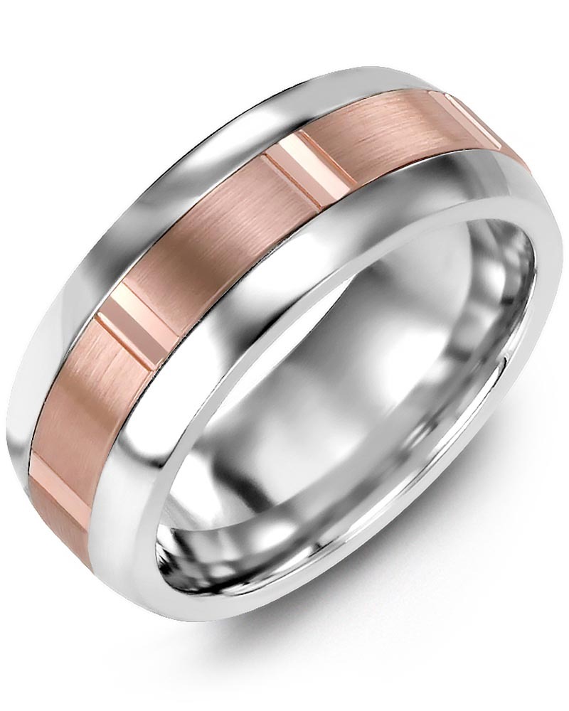 Men's & Women's Tungsten Half Round & Rose Gold Wedding Band from MADANI Rings. Wedding bands, fashion rings, promise rings, made of Tungsten, Ceramic, Cobalt, and Gold. View the collection at madanirings.com