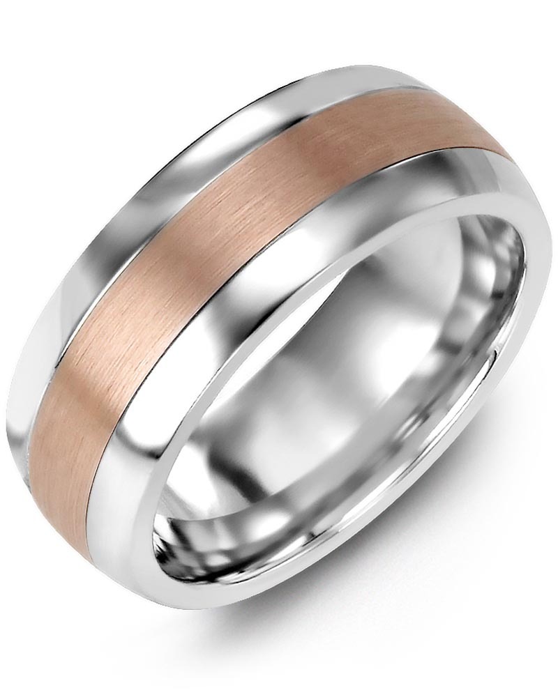 Men's & Women's Cobalt Half Round & Rose Gold Wedding Band from MADANI Rings. Wedding bands, fashion rings, promise rings, made of Tungsten, Ceramic, Cobalt, and Gold. View the collection at madanirings.com