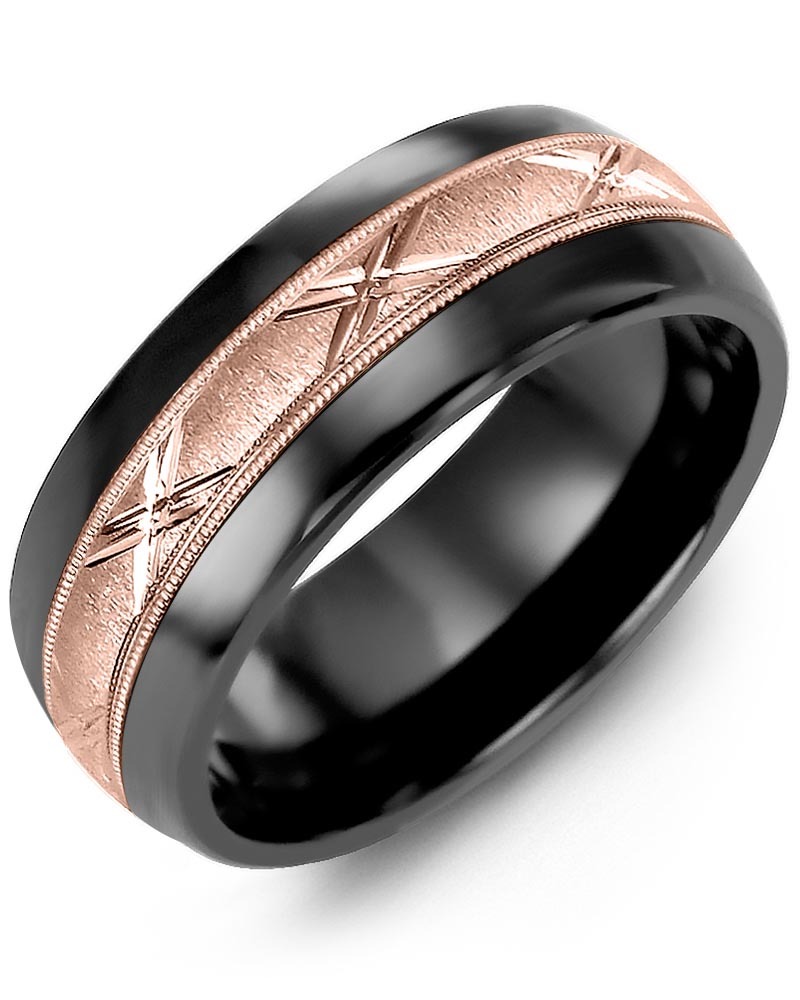 Men's & Women's Black Ceramic Half Round & Rose Gold Wedding Band