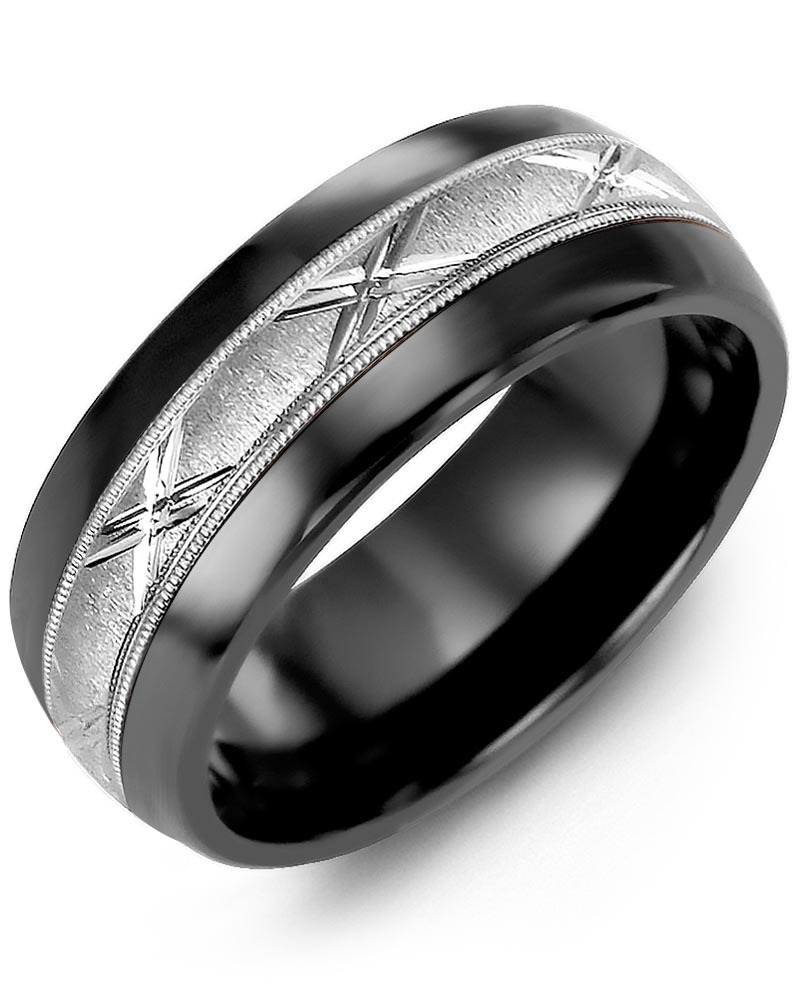 Men's & Women's Black Ceramic Half Round & White Gold Wedding Band from MADANI Rings. Wedding bands, fashion rings, promise rings, made of Tungsten, Ceramic, Cobalt, and Gold. View the collection at madanirings.com