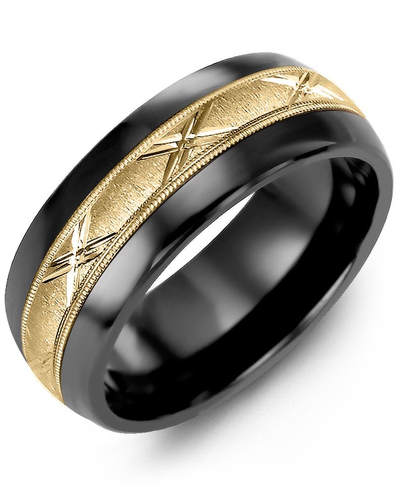 Men's & Women's Black Ceramic Half Round & Yellow Gold Wedding Band