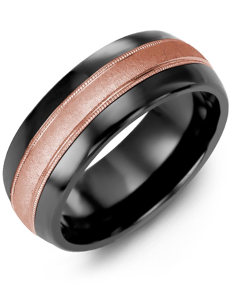 Men's & Women's Black Ceramic Half Round & Rose Gold Wedding Band