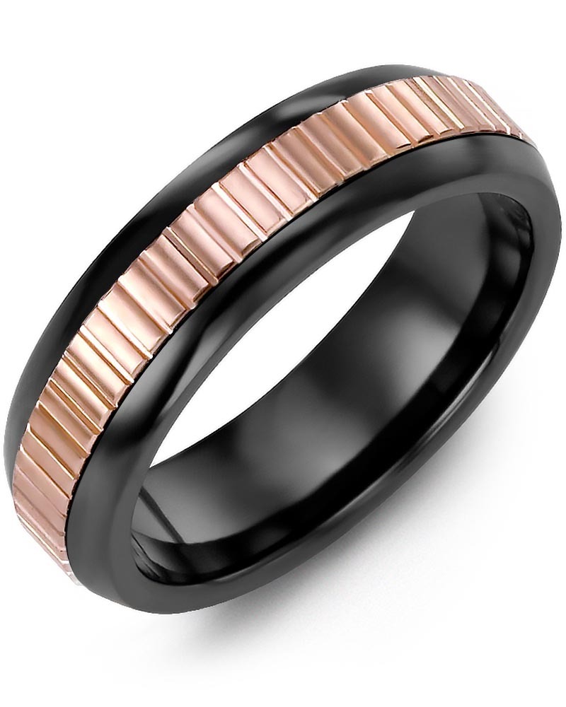 Men's & Women's Black Ceramic Half Round & Rose Gold Wedding Band