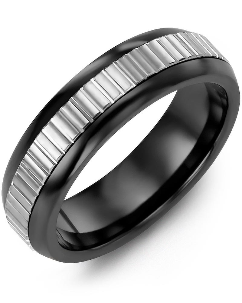 Men's & Women's Black Ceramic Half Round & White Gold Wedding Band