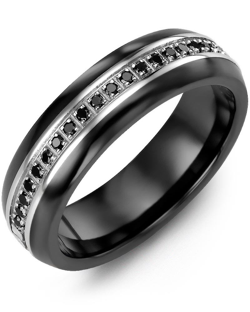 Men's & Women's Black Ceramic Half Round & White Gold + 21 Black Diamonds 0.21ct Wedding Band from MADANI Rings. Wedding bands, fashion rings, promise rings, made of Tungsten, Ceramic, Cobalt, and Gold. View the collection at madanirings.com