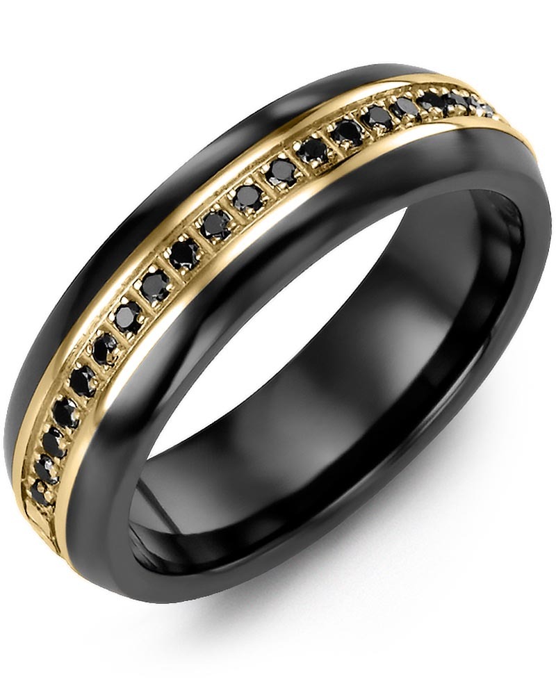 Men's & Women's Black Ceramic Half Round & Yellow Gold + 21 Black Diamonds 0.21ct Wedding Band