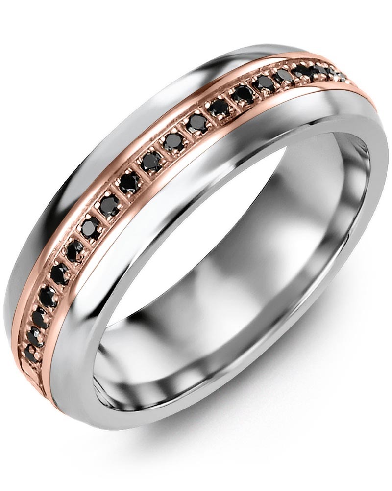 Men's & Women's Tungsten Half Round & Rose Gold + 21 Black Diamonds 0.21ct Wedding Band