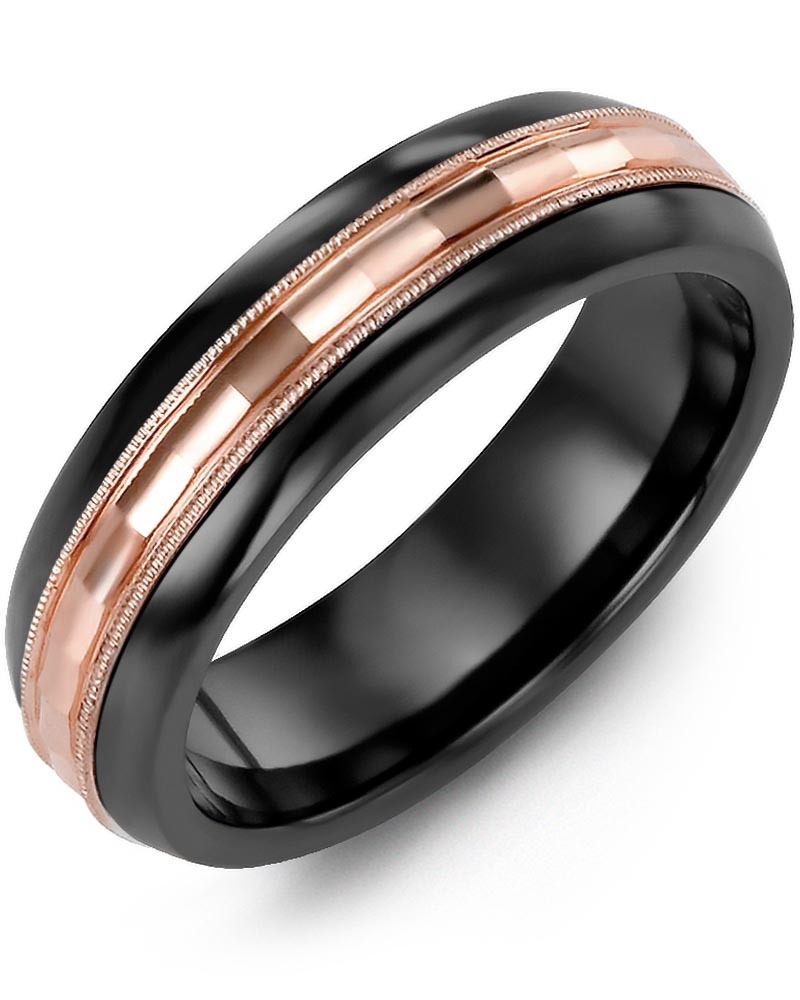 Men's & Women's Black Ceramic Half Round & Rose Gold Wedding Band