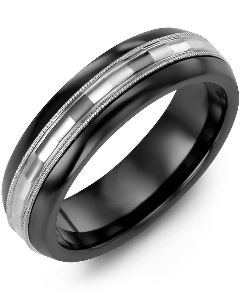 Men's & Women's Black Ceramic Half Round & White Gold Wedding Band