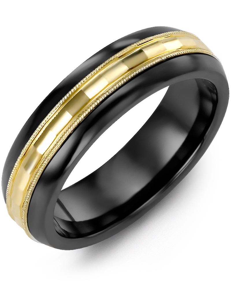 Men's & Women's Black Ceramic Half Round & Yellow Gold Wedding Band