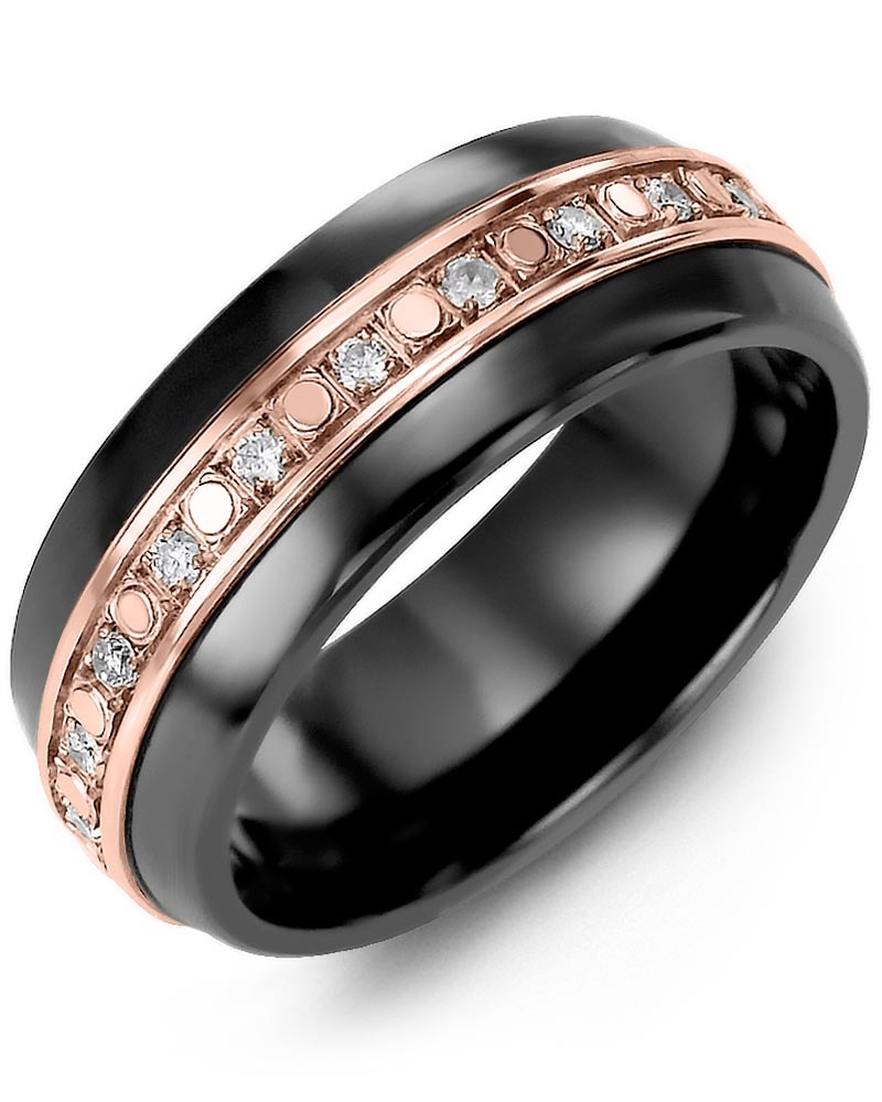 Men's & Women's Black Ceramic Half Round & Rose Gold + 18 Diamonds 0.36ct Wedding Band