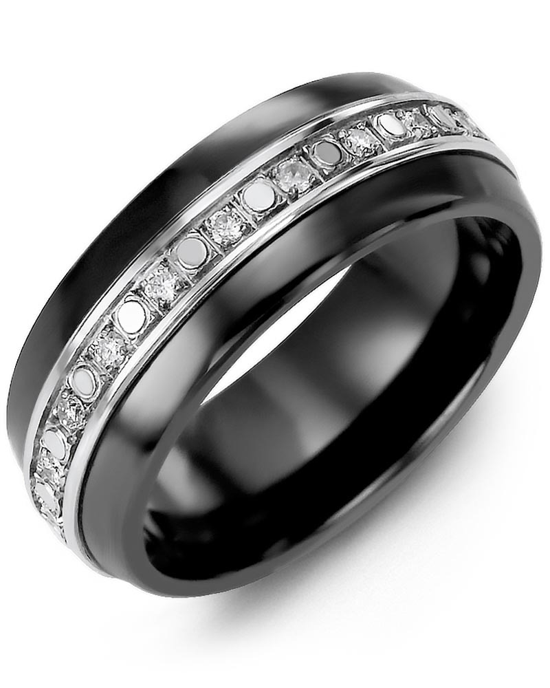 Men's & Women's Black Ceramic Half Round & White Gold + 18 Diamonds 0.36ct Wedding Band
