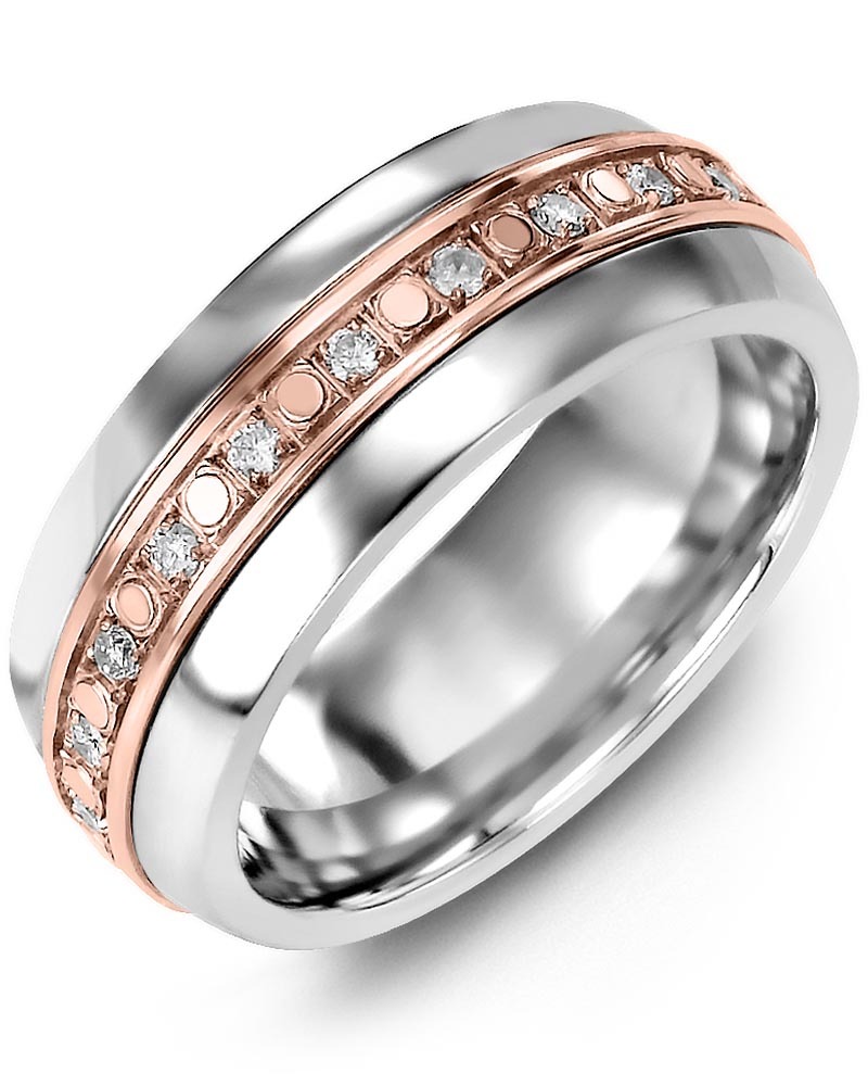 Men's & Women's Tungsten Half Round & Rose Gold + 18 Diamonds 0.36ct Wedding Band