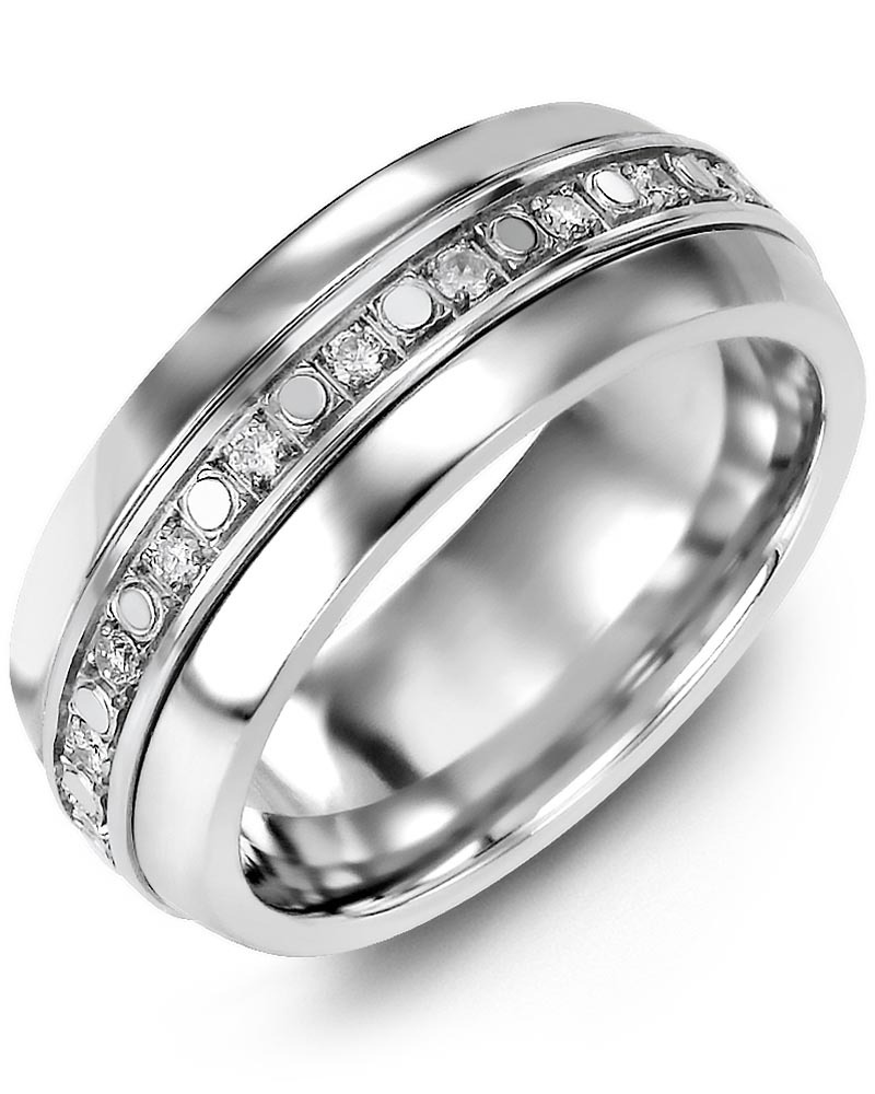 Men's & Women's Tungsten Half Round & White Gold + 18 Diamonds 0.36ct Wedding Band from MADANI Rings. Wedding bands, fashion rings, promise rings, made of Tungsten, Ceramic, Cobalt, and Gold. View the collection at madanirings.com