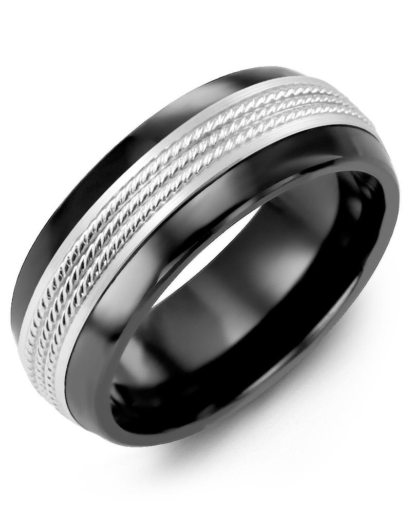 Men's & Women's Black Ceramic Half Round & White Gold Wedding Band