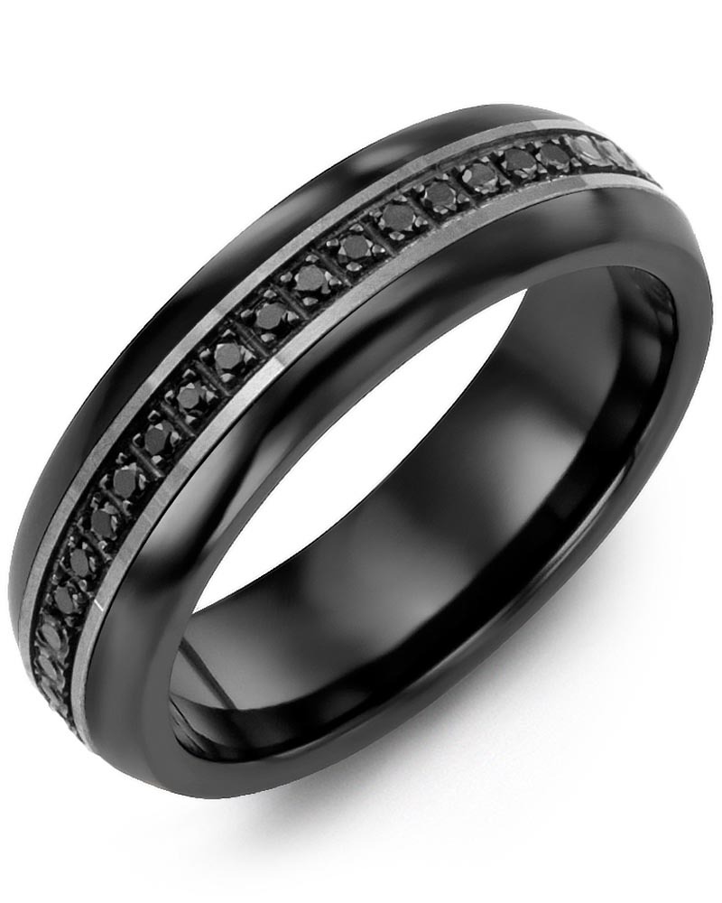 Men's & Women's Black Ceramic Half Round & Black Gold + 15 Black Diamonds 0.15ct Wedding Band from MADANI Rings. Wedding bands, fashion rings, promise rings, made of Tungsten, Ceramic, Cobalt, and Gold. View the collection at madanirings.com