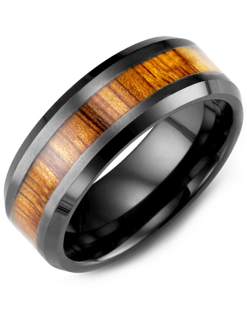 Men's & Women's Black Ceramic & Koa Wood Wedding Band from MADANI Rings. Wedding bands, fashion rings, promise rings, made of Tungsten, Ceramic, Cobalt, and Gold. View the collection at madanirings.com