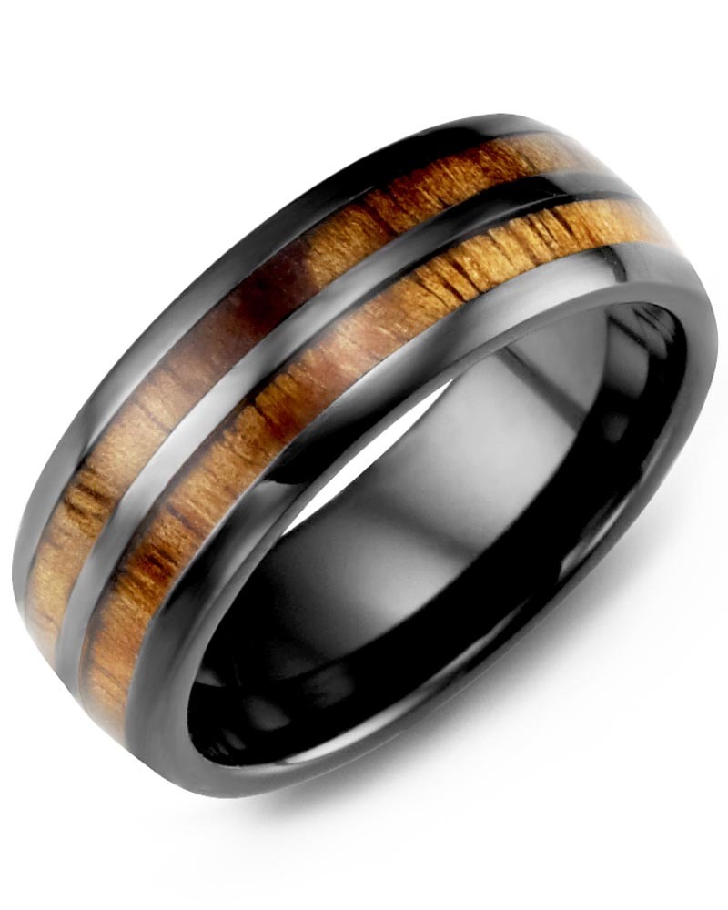 Men's & Women's Black Ceramic & Koa Wood Wedding Band from MADANI Rings. Wedding bands, fashion rings, promise rings, made of Tungsten, Ceramic, Cobalt, and Gold. View the collection at madanirings.com