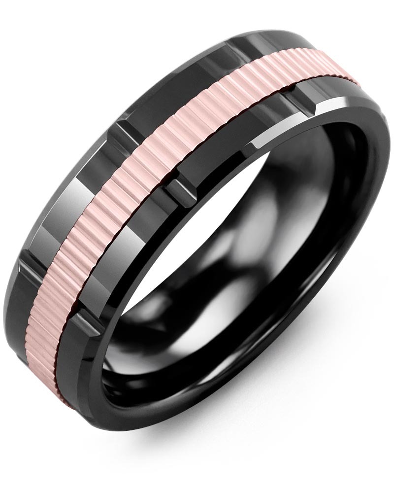 Men's & Women's Black Ceramic Polish Grooves & Rose Gold Wedding Band
