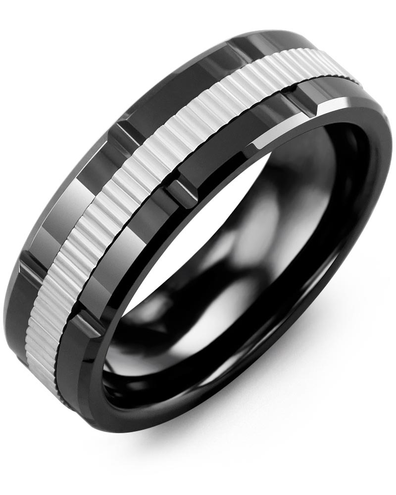 Men's & Women's Black Ceramic Polish Grooves & White Gold Wedding Band from MADANI Rings. Wedding bands, fashion rings, promise rings, made of Tungsten, Ceramic, Cobalt, and Gold. View the collection at madanirings.com