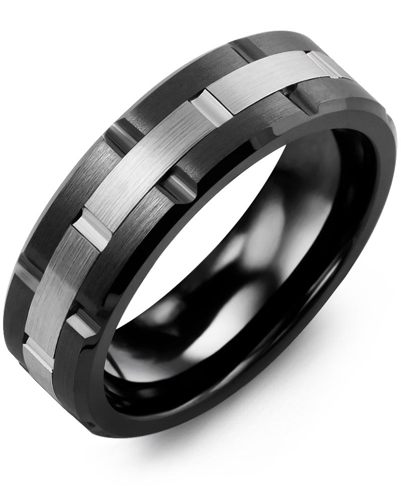Men's & Women's Black Ceramic Brush Grooves & White Gold Wedding Band