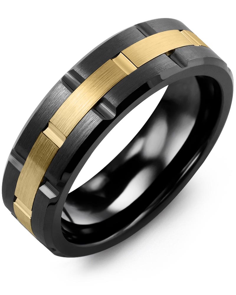Men's & Women's Black Ceramic Brush Grooves & Yellow Gold Wedding Band