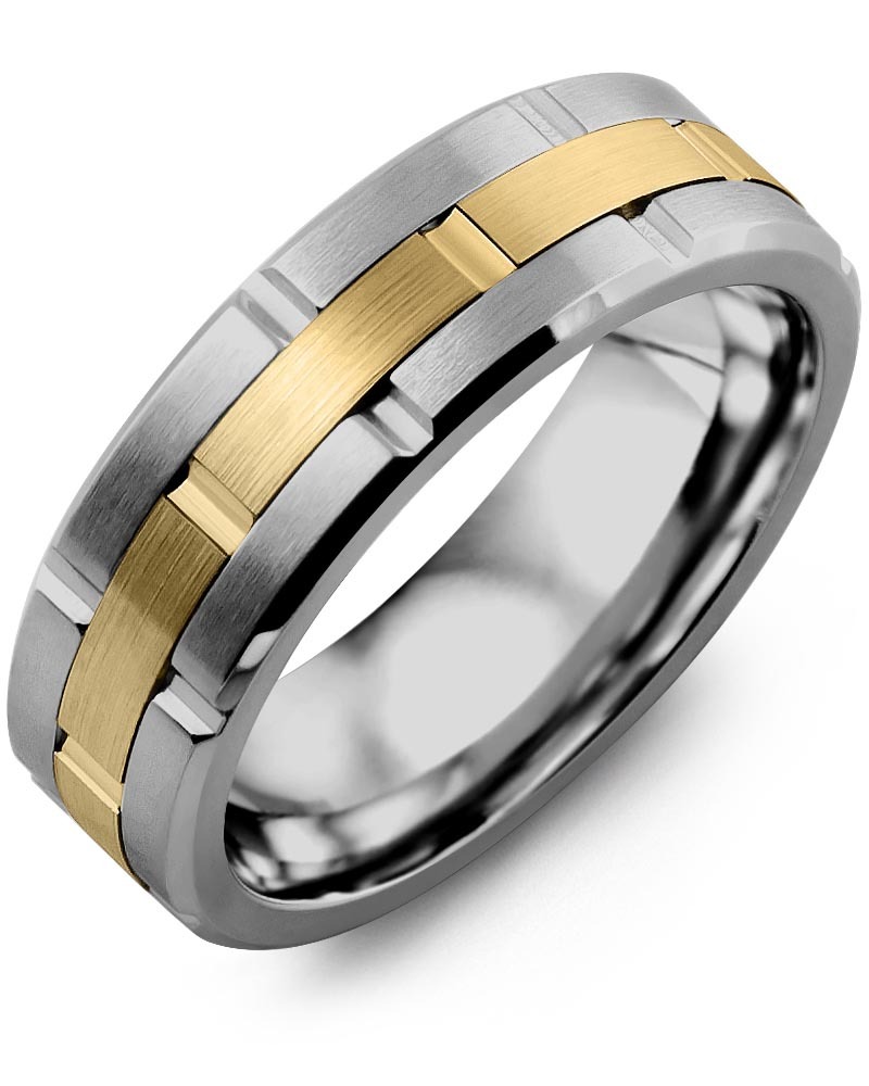 Men's & Women's Cobalt Brush Grooves & Yellow Gold Wedding Band from MADANI Rings. Wedding bands, fashion rings, promise rings, made of Tungsten, Ceramic, Cobalt, and Gold. View the collection at madanirings.com