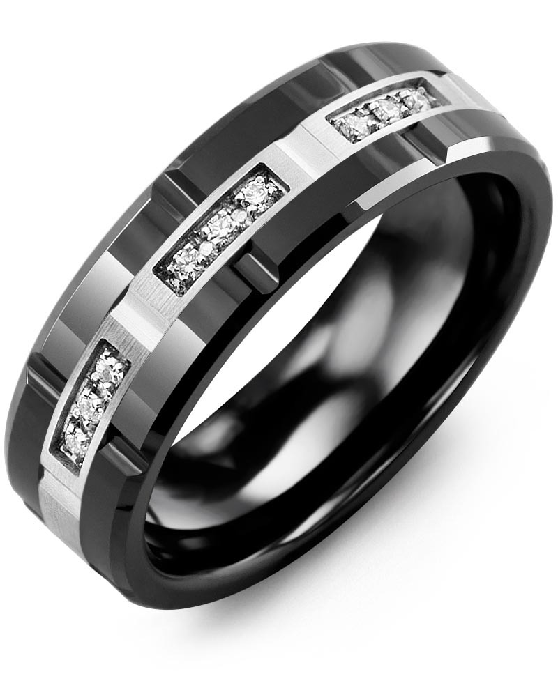 Men's & Women's Black Ceramic Polish Grooves & White Gold + 9 Diamonds 0.09ct Wedding Band