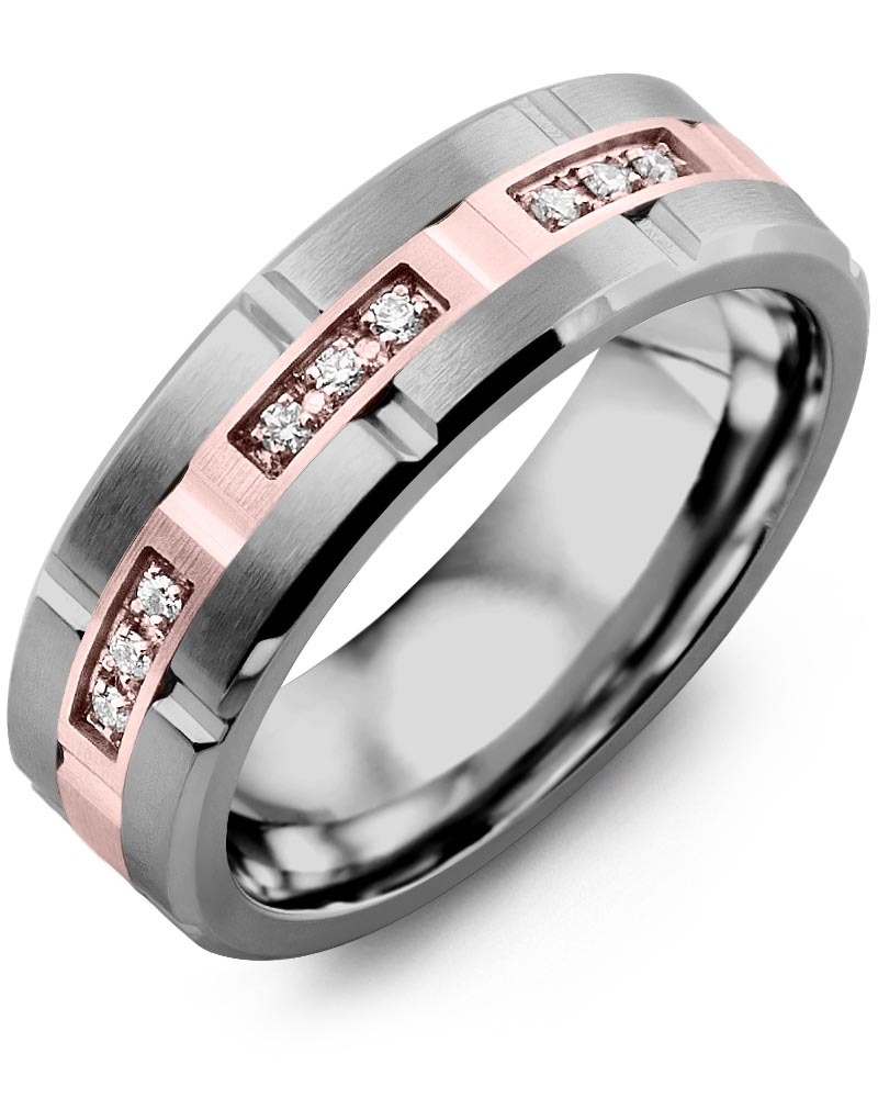 Men's & Women's Tungsten Polish Grooves & Rose Gold + 9 Diamonds 0.09ct Wedding Band