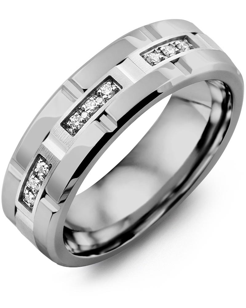 Men's & Women's Tungsten Polish Grooves & White Gold + 9 Diamonds 0.09ct Wedding Band from MADANI Rings. Wedding bands, fashion rings, promise rings, made of Tungsten, Ceramic, Cobalt, and Gold. View the collection at madanirings.com