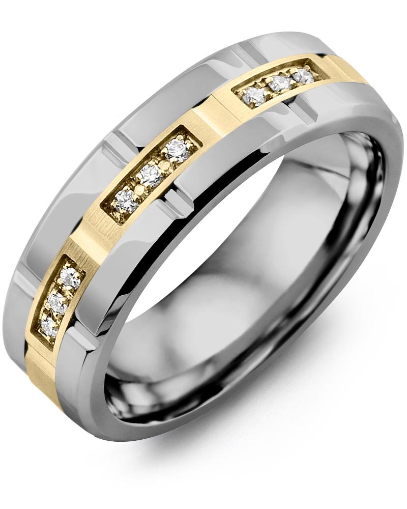 Men's & Women's Tungsten Polish Grooves & Yellow Gold + 9 Diamonds 0.09ct Wedding Band