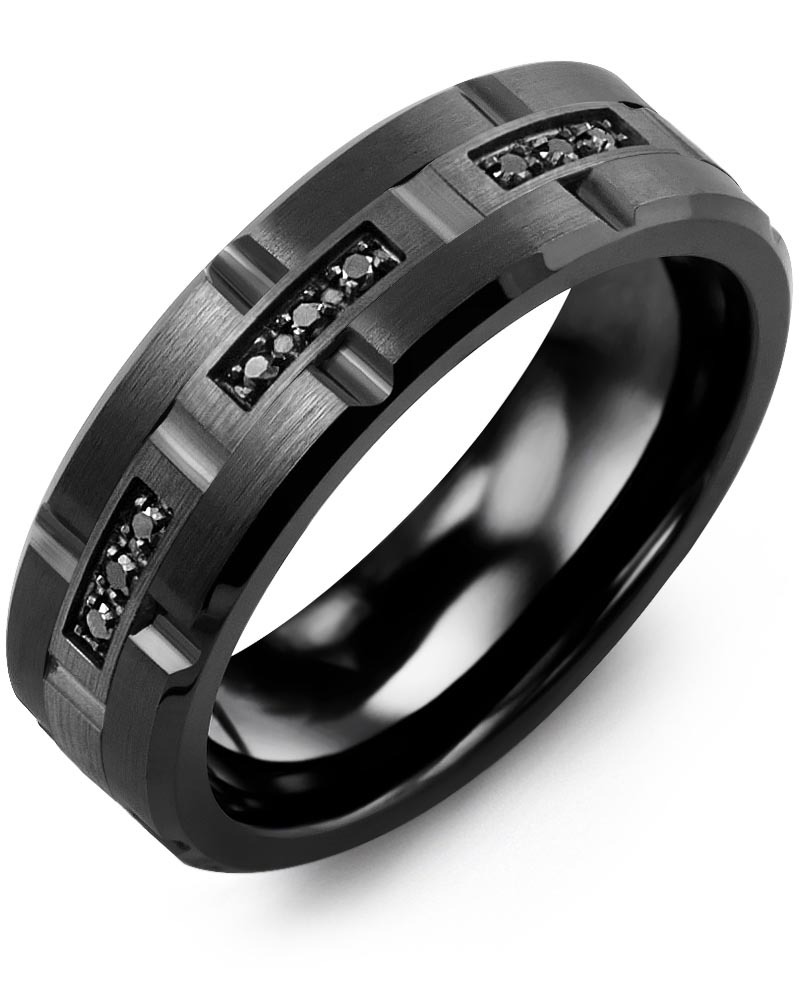 Men's & Women's Black Ceramic Brush Grooves & Black Gold + 9 Black Diamonds 0.09ct Wedding Band